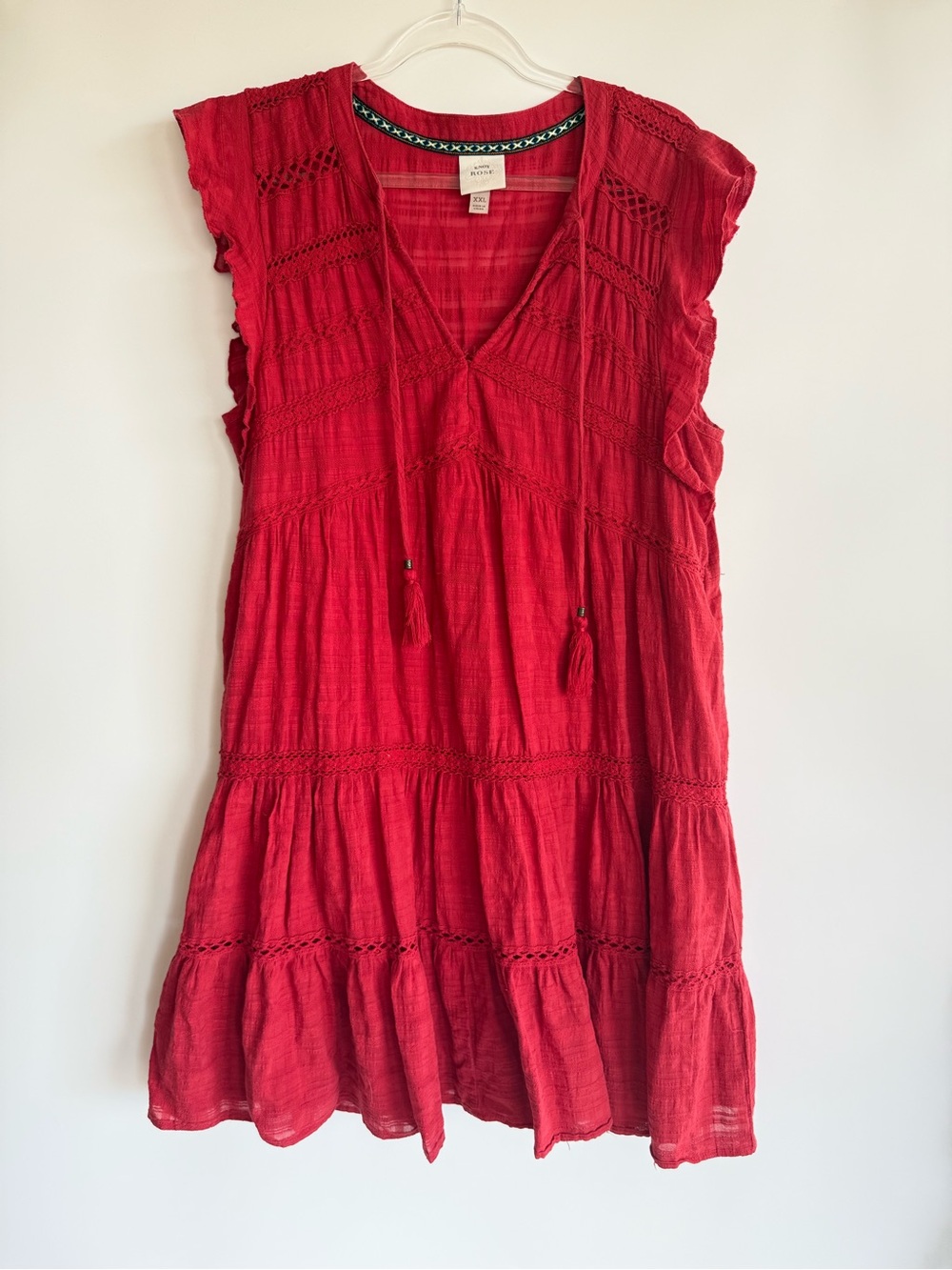 Knox Rose Boho Tiered Crochet Tassel Red Dress Cottagecore Flutter Sleeve XXL